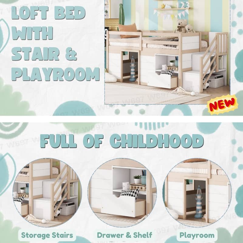 Twin Size Low Loft Bed with Drawer,Shelves and Under Bed Play Space