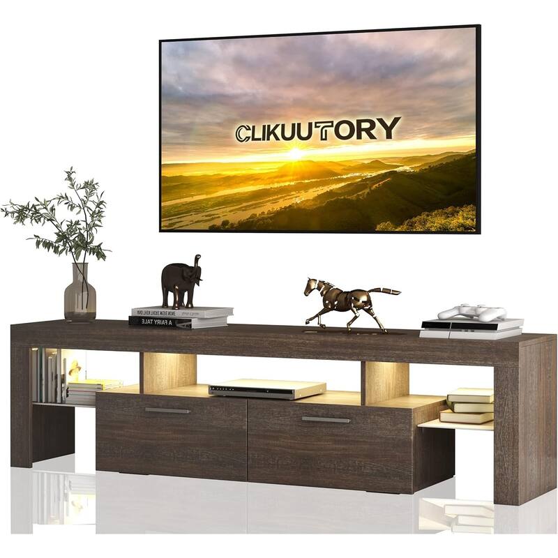 Country-Style LED TV Stand Glossy Entertainment Center with 2 Large Drawers and 3 Open Frames, for Living Room and Bedroom