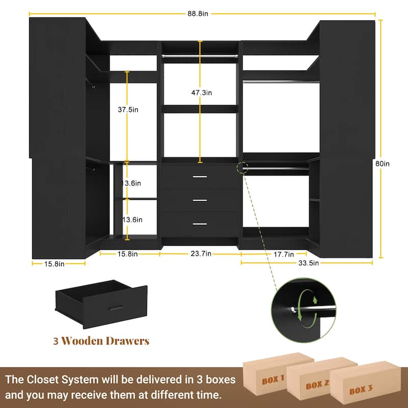 Cimly Set of 3 Closet Organizer with Drawers, U Shaped Freestanding Closet System