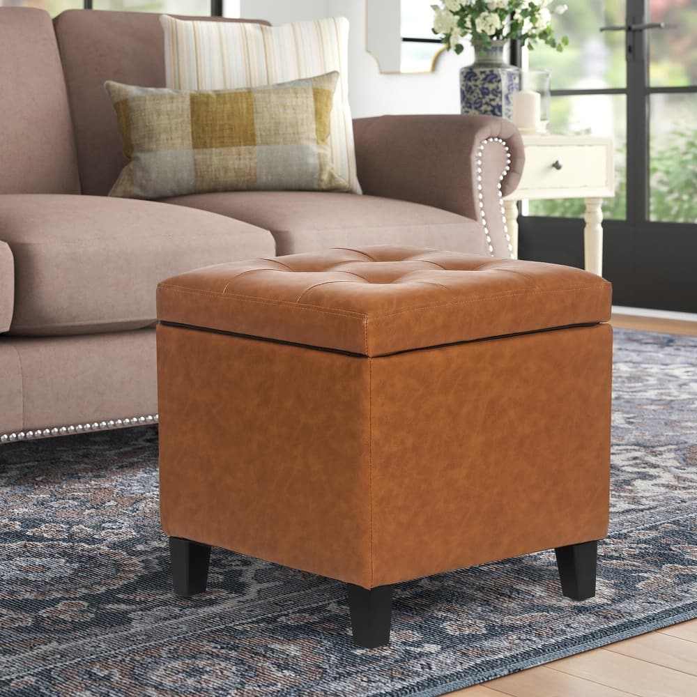 Adeco Bonded Leather Square Storage Ottoman