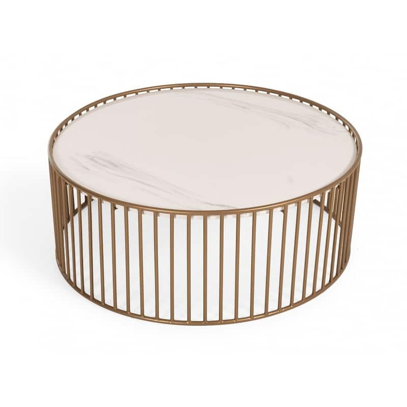 HomeRoots Modern Round White and Gold Faux Marble Coffee Table - 37