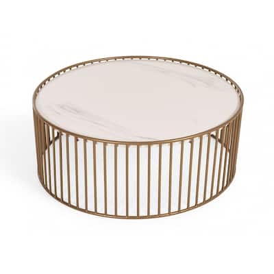 HomeRoots Modern Round White and Gold Faux Marble Coffee Table - 37
