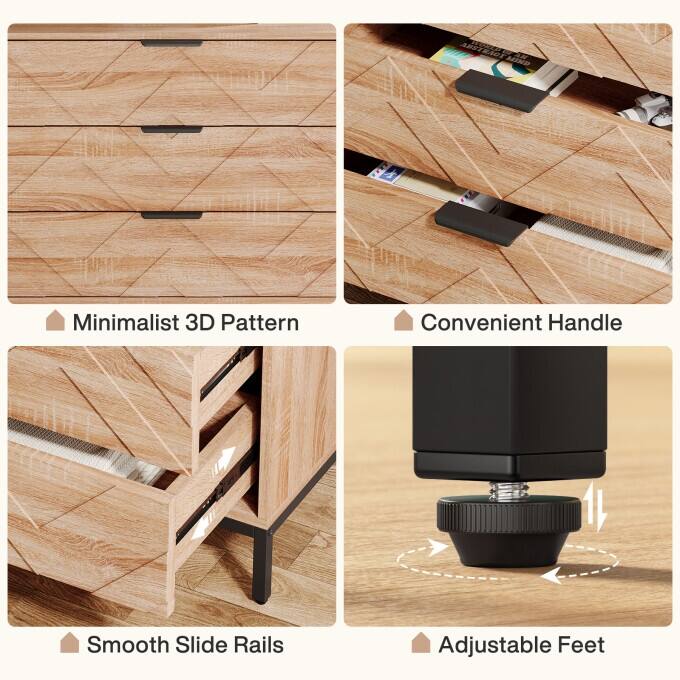 Modern Nightstand with 3 Drawers, Wooden Bed Side Table for Bedroom