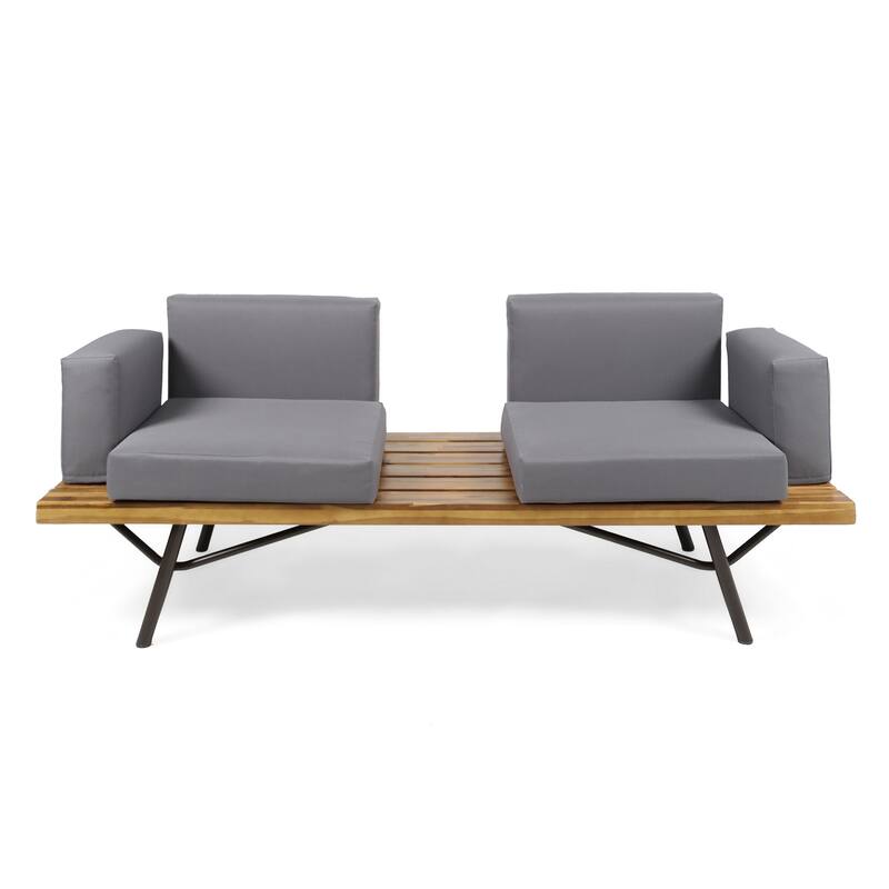 Outdoor 2 Seater Sofa, Attached Center Slatted Table, Black Iron Legs