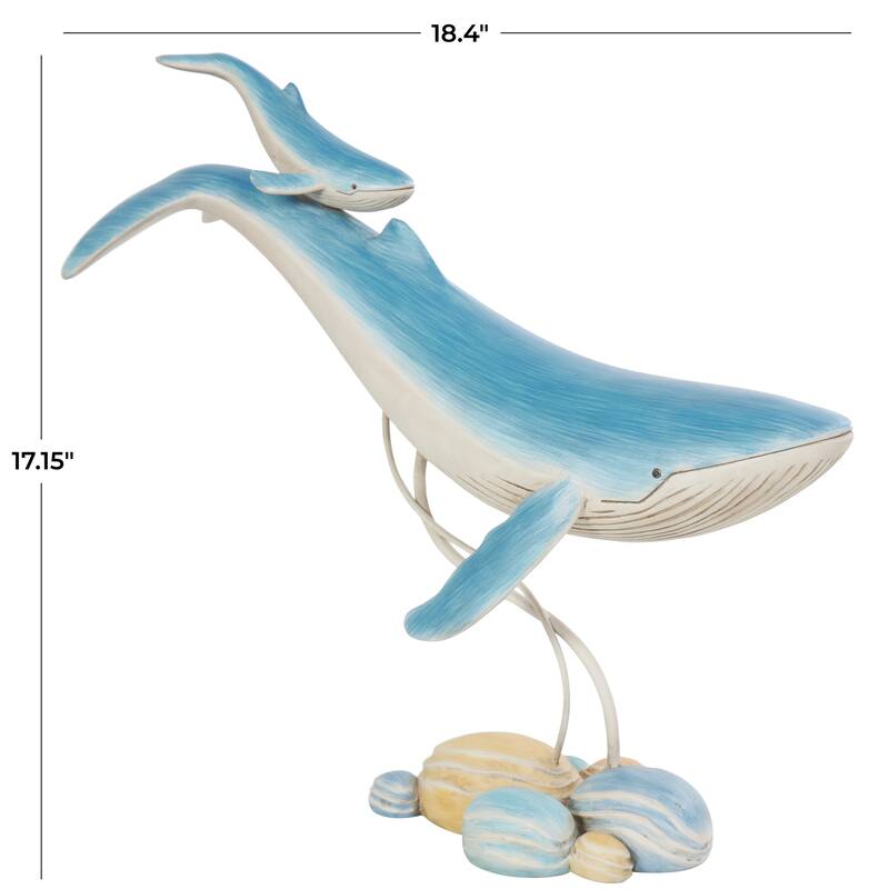 Blue Polystone Swimming Mother and Baby Whale Decorative Sculpture with Yellow Accents