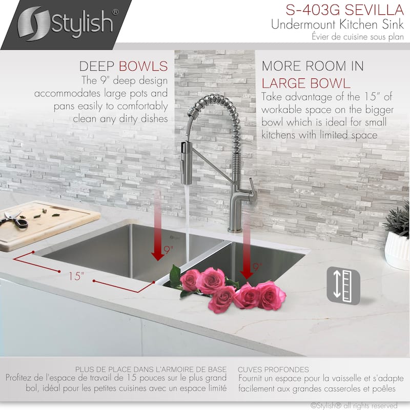 Undermount 28" Stainless Steel Double-Bowl 60/40 Kitchen Sink S-403G - 28" x 18" x 9"