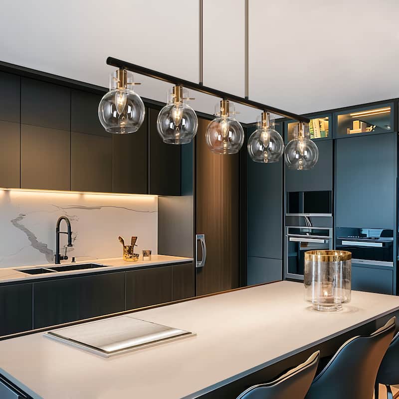 Modern Industrial 5-Light Black Gold Linear Chandelier Clear Glass Kitchen Island Lights for Dining Room