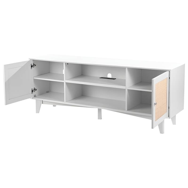 Rattan TV Stand for 75 Inch TV Mid Century Modern Cabinet with Storage - 17.4x17.4x13.8in