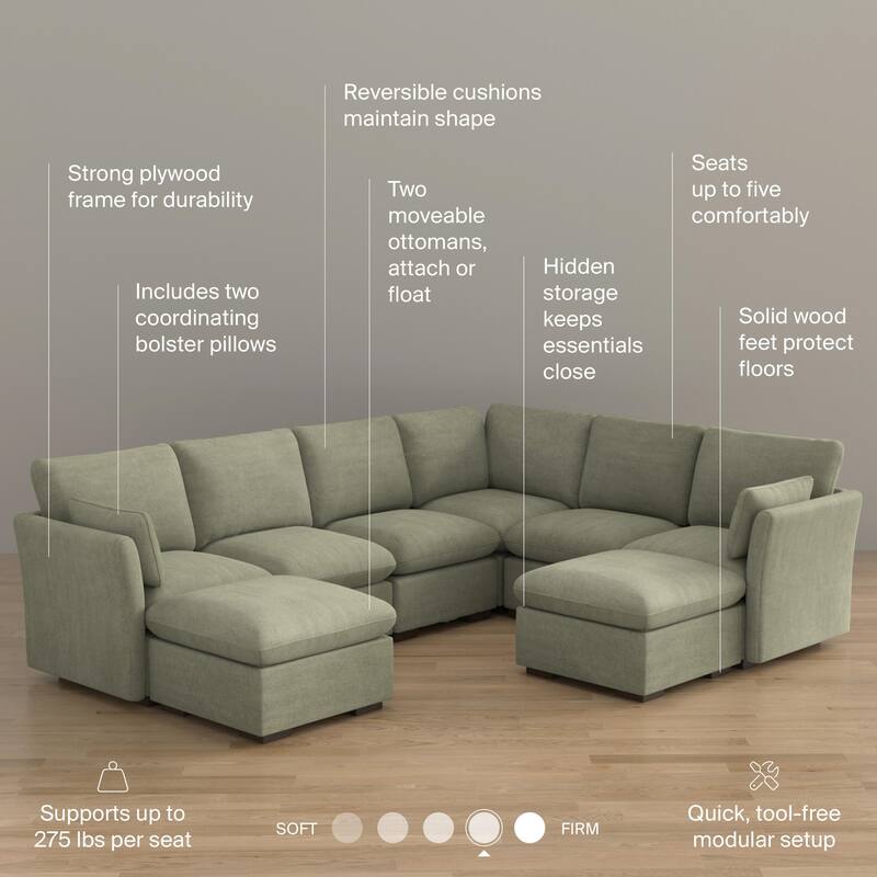 Bush Home Sienna Modular 5-Seater Sectional with Set of 2 Storage Ottomans