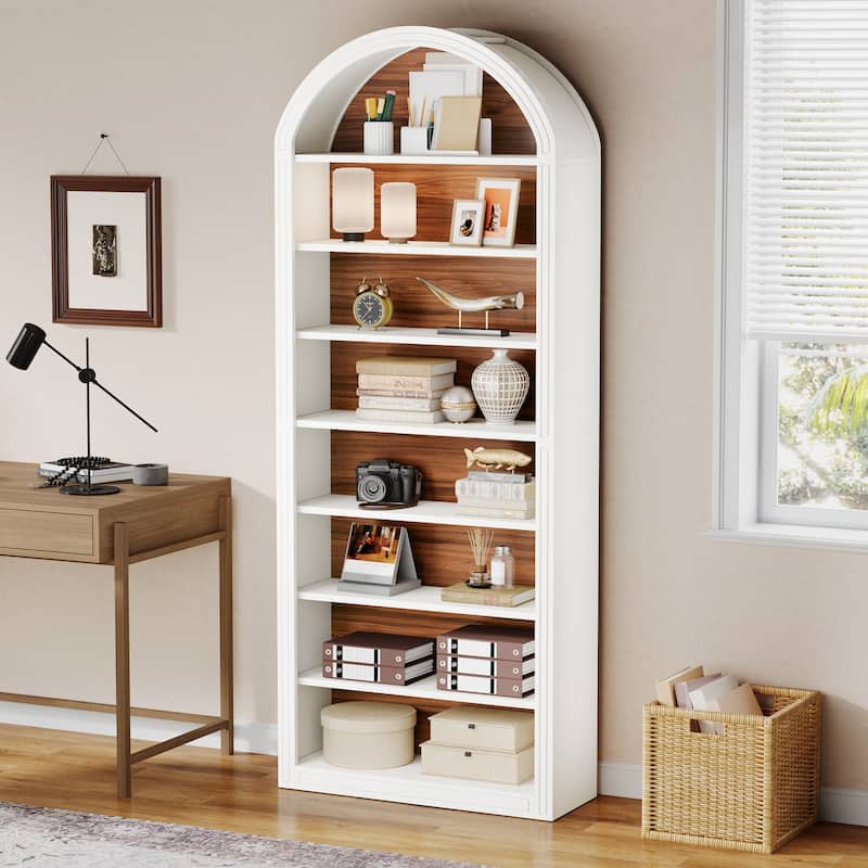 79.5" Tall Arched Bookcase with Storage Shelves - White