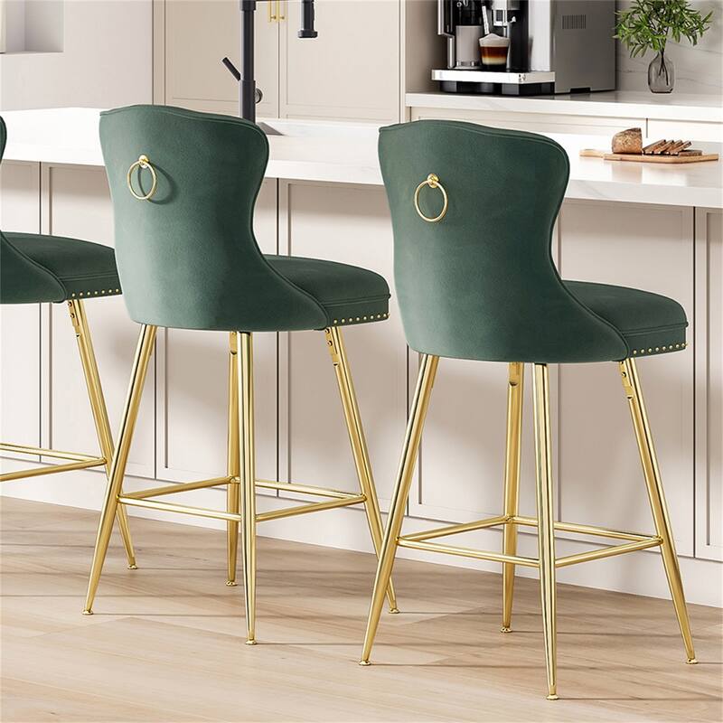 Velvet Bar Stools with Metal Legs, Button Tufted and Nailheads Trim (Set of 2)