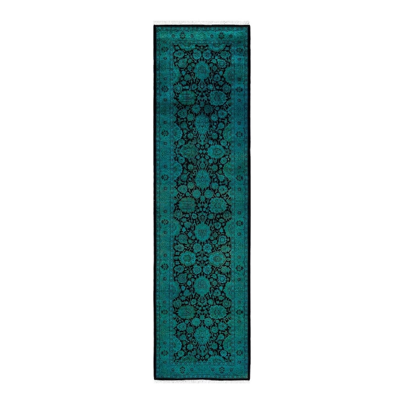 Overton Hand Knotted Wool Vintage Inspired Modern Contemporary Overdyed Green Runner Rug - 2' 7" x 9' 8"