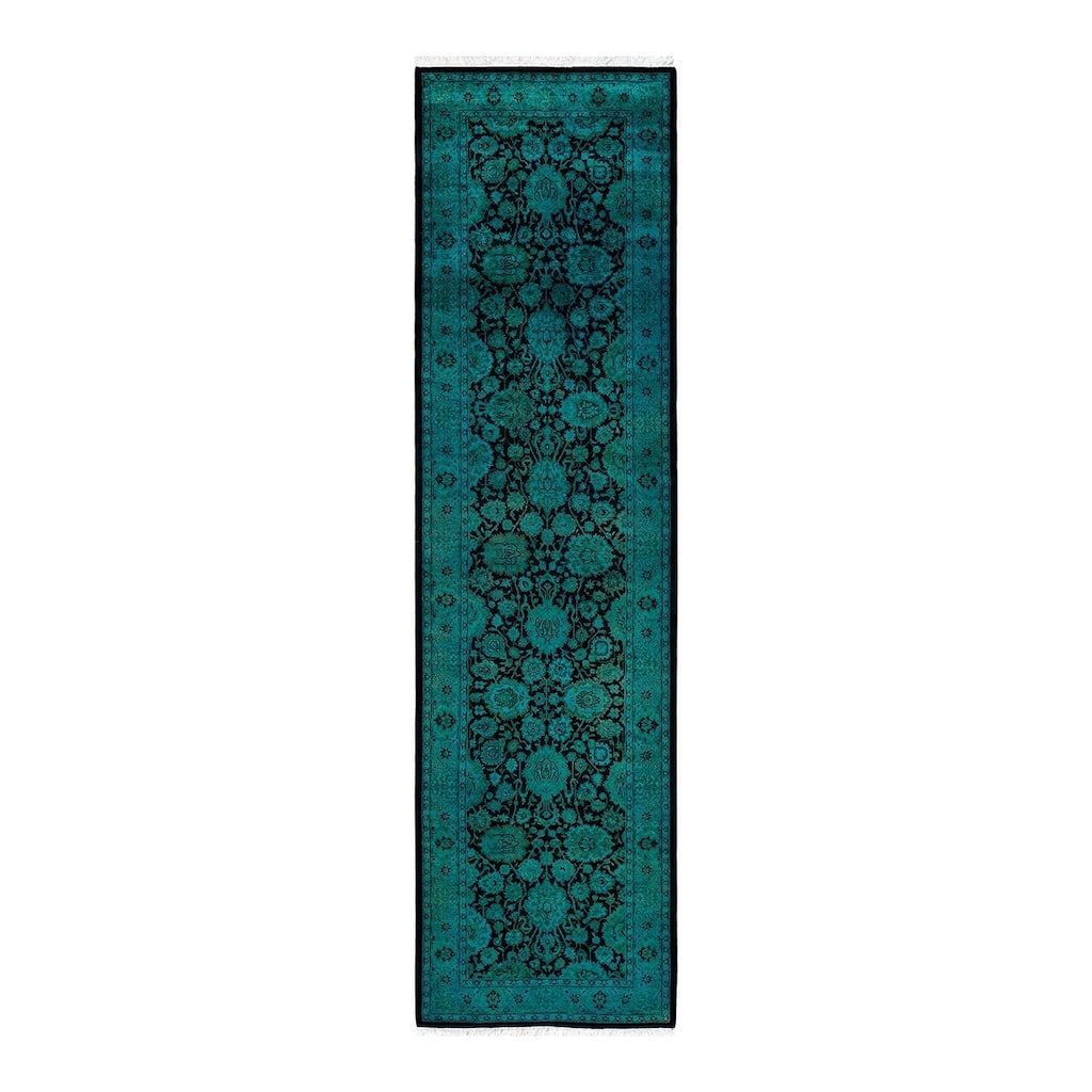 Overton Hand Knotted Wool Vintage Inspired Modern Contemporary Overdyed Green Runner Rug - 2' 7" x 9' 8"