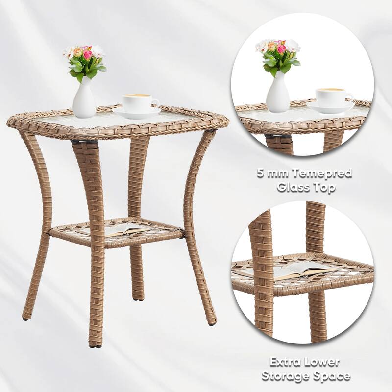 Patio Rattan Wicker Coffee Table with Tempered Glass Top