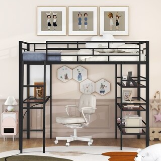 Premium Full Metal Loft Bed with Desk and Shelves - Black