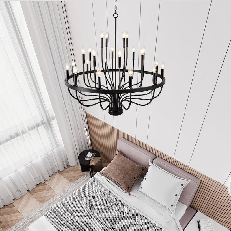 Farmhouse Suspended Pendant Light Fixture 24-Light Black Industrial Iron Candle Chandelier, for Dining Room, Living Room