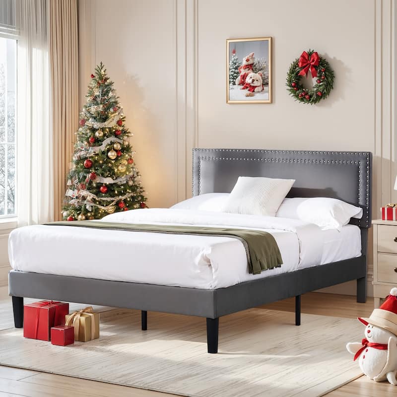 VECELO Upholstered Bed Frames with Height Adjustable Headboard