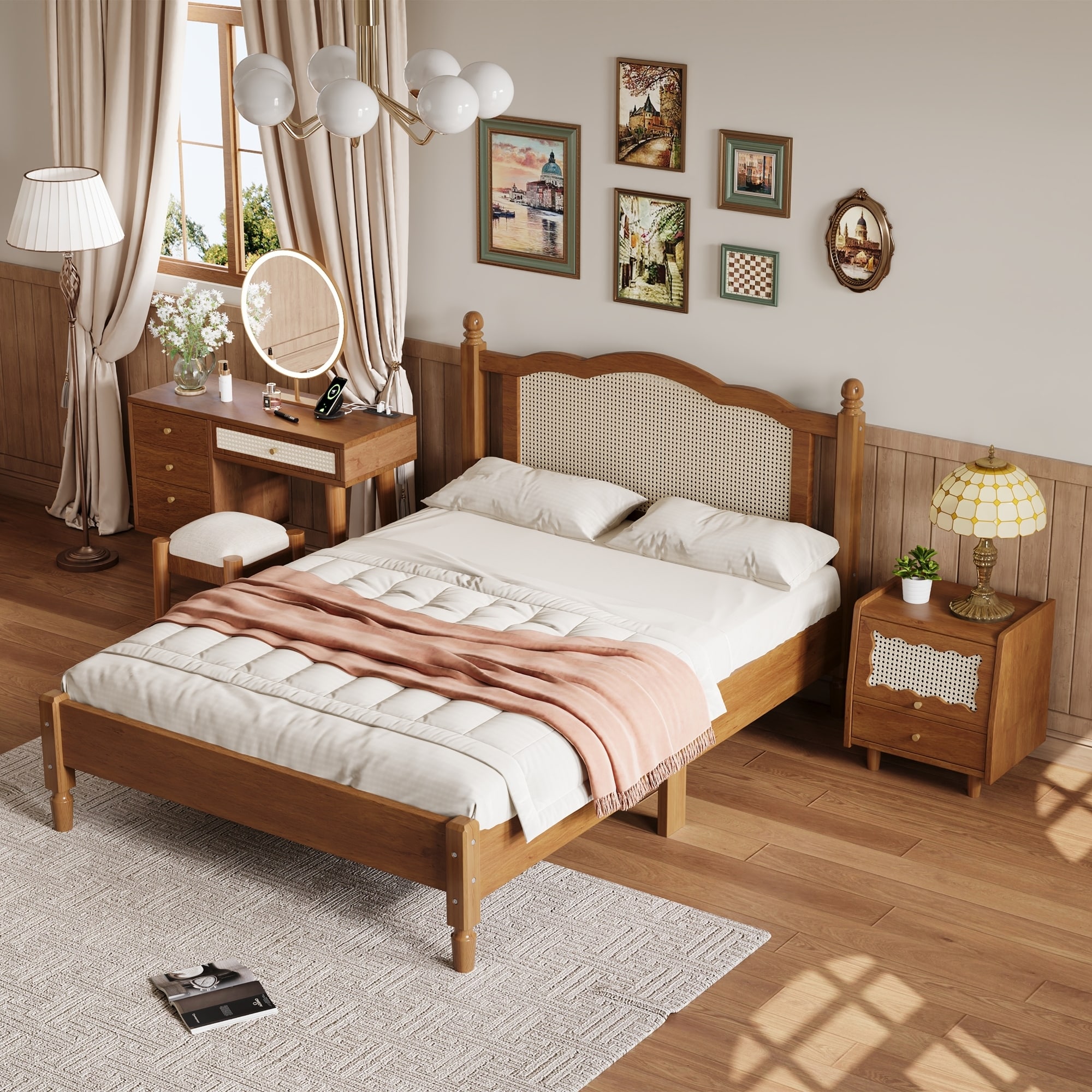 3 Pieces Bedroom Set,Full Size Wooden Bed Frame with Nightstand,Makeup Vanity Set with Stool