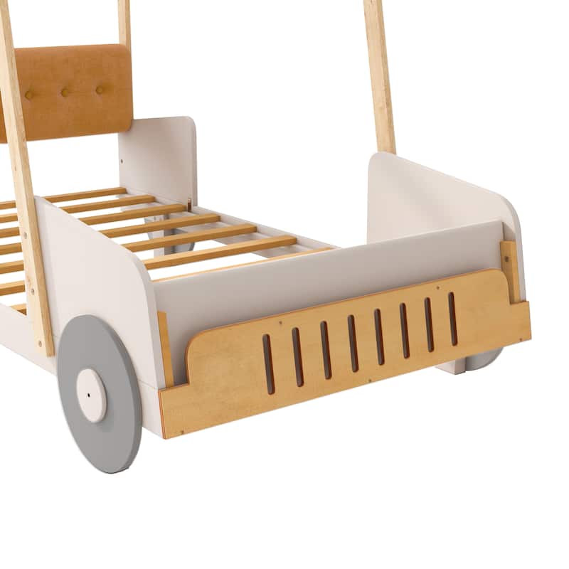 Wood Twin/Full Size Car Bed with Pillow, Ceiling Cloth