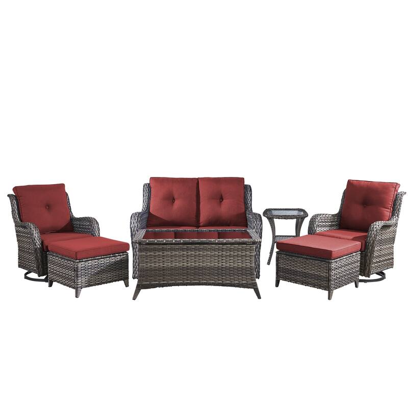 Pocassy Outdoor 7PCS 2-Seat Sofa Swivel Chairs Table Ottoman