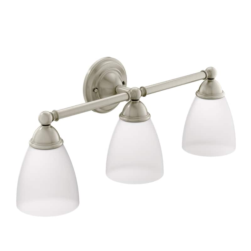 Moen 3 Light Bathroom Vanity Light with Frosted Shades from the - Brushed Nickel