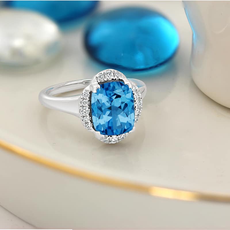 Auriya 4ct Cushion-cut Swiss Blue Topaz Halo Diamond Engagement Ring 1/8ctw 14k Gold