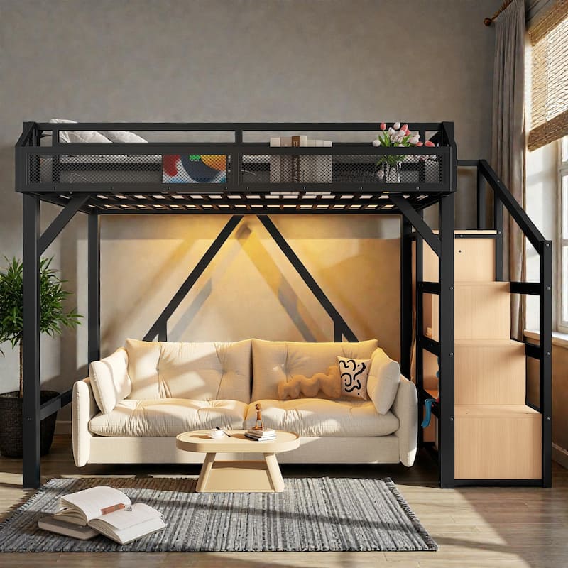 Metal Loft Bed with Storage Stairs, Wardrobe and Shelves, USB Ports and LED Lights, Noise Reduced Frame - Black Natural - Twin