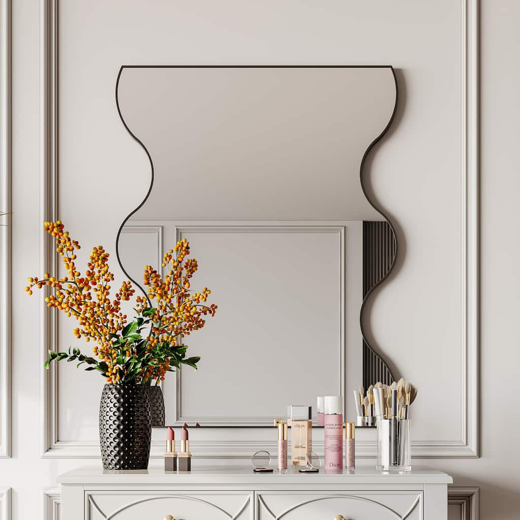 30" x 35" Black/ Gold Rectangular Wall Mount Bathroom Vanity Mirror Vertical and Horizontal Hang