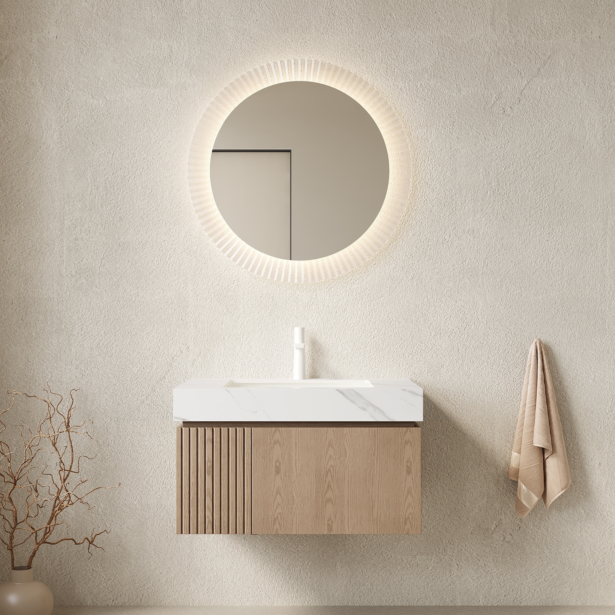 Floating Bathroom Vanity with Sintered Stone Top & Undermount Ceramic Basin with Single Pre-drilled Faucet Holes