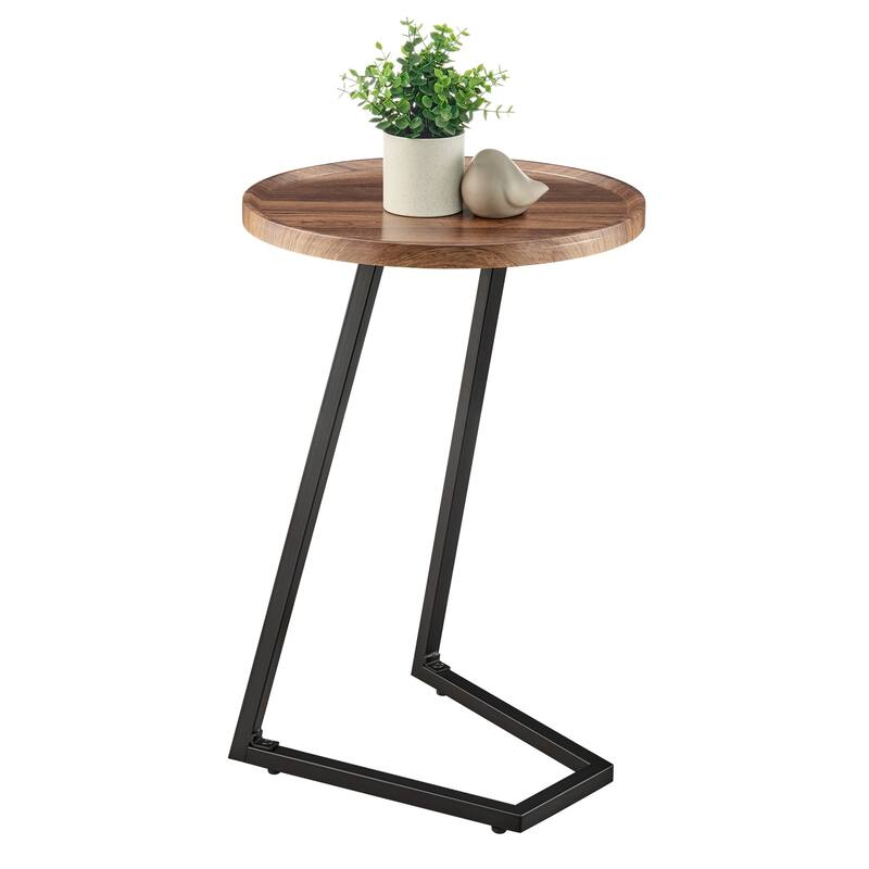 Addison Round Raised Lip Edge Angled Couch-Side Accent C-Table - Black Marble or Brown Walnut