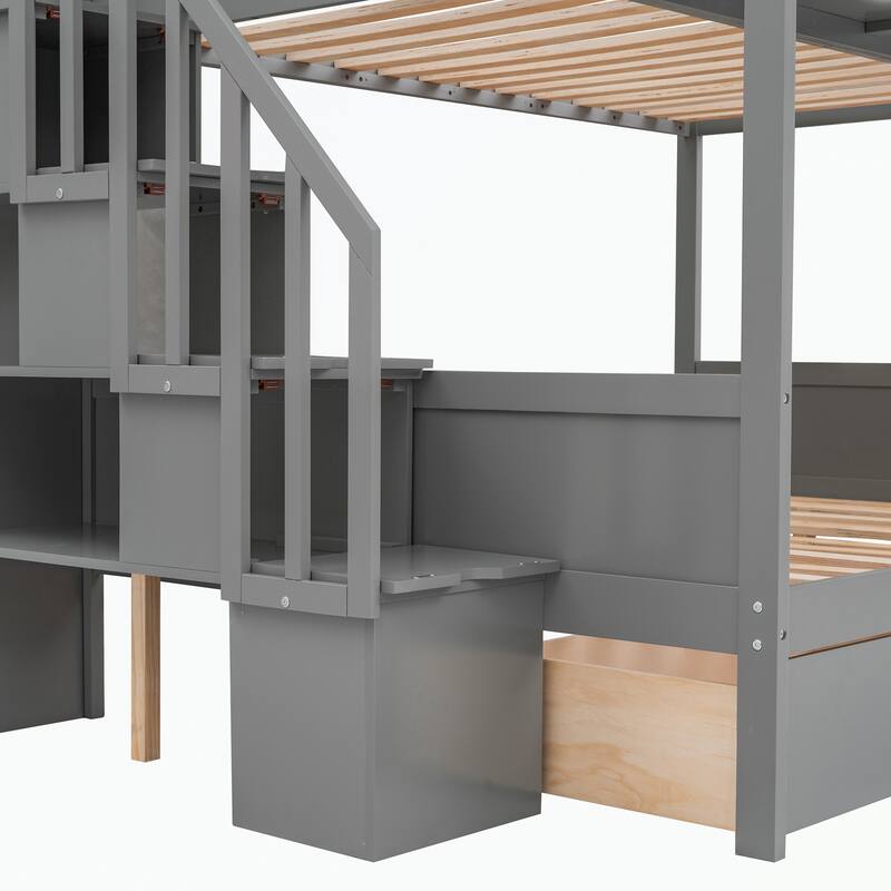 Twin over Full Bunk Bed with Shelfs, Storage Staircase and 2 Drawers