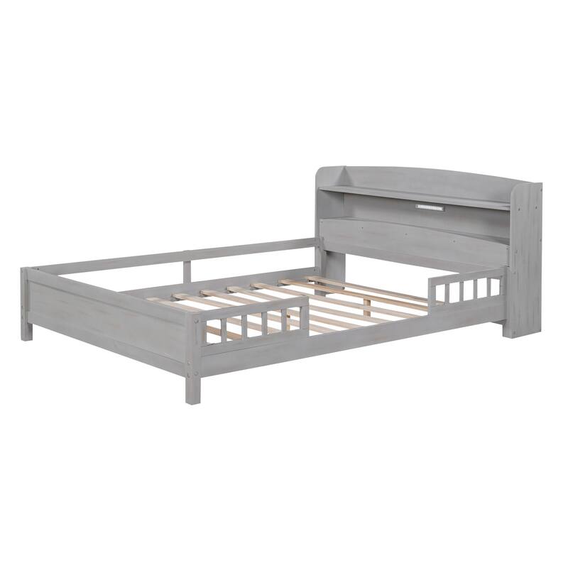 Wood Full Size Platform Bed with Builtin LED Light, Storage Headboard