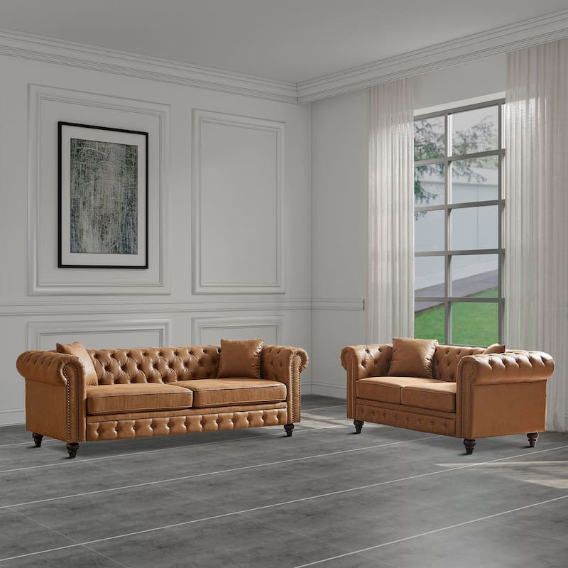 Mid-century retro style 2-piece sofa set for living room mall parlor - Brown 3 Seater Sofa+Brown 2 Seater Sofa