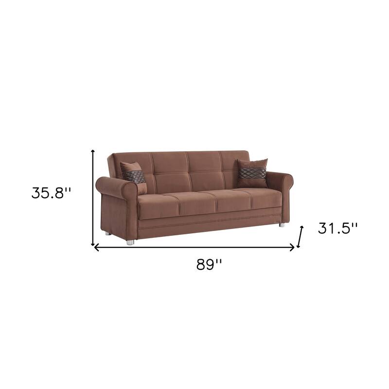 HomeRoots 89" Brown Microfiber Convertible Futon Sleeper Sofa And Toss Pillows With Storage