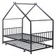 preview thumbnail 9 of 12, Twin Size Metal House Bed with Twin Size Trundle, Black House-shaped Frame with Roof for Kids Daybed Platform Bed