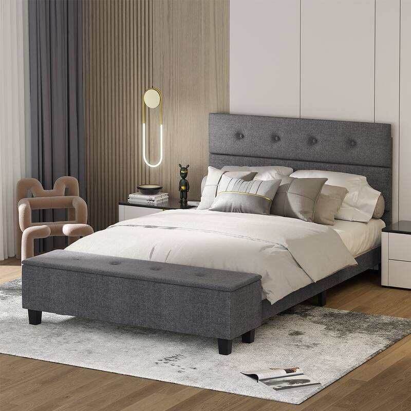 Costway Full Upholstered Bed Frame with Ottoman Storage Linen Button - Full