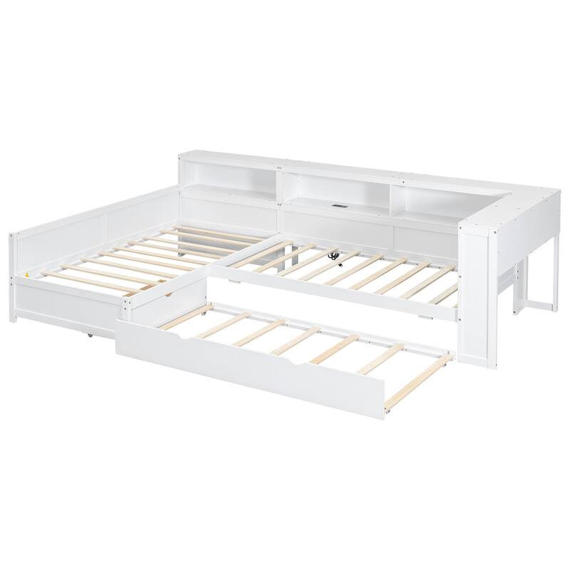 Wood Twin Size L-shaped Platform Bed with Trundle, Charging Station and Storage Shelves