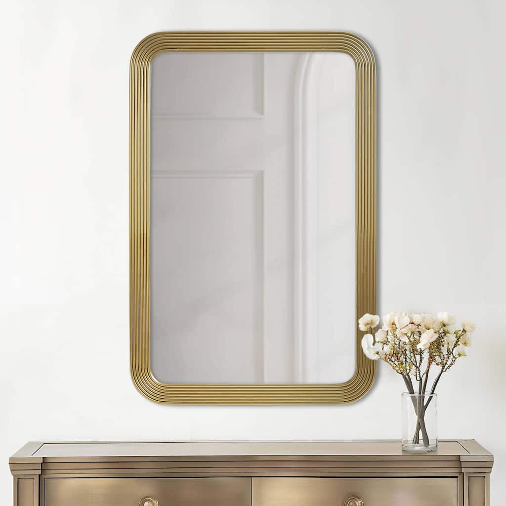 Rounded Rectangle Fluted Gold Wall Mirror - Decorative Accent