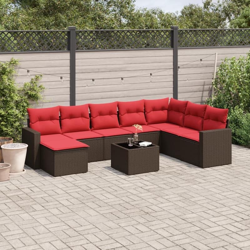 vidaXL Patio Sofa Set with Cushions Outdoor Conversation Furniture Poly Rattan - 25.8" x 24.4" x 27.2" - Brown and red with table