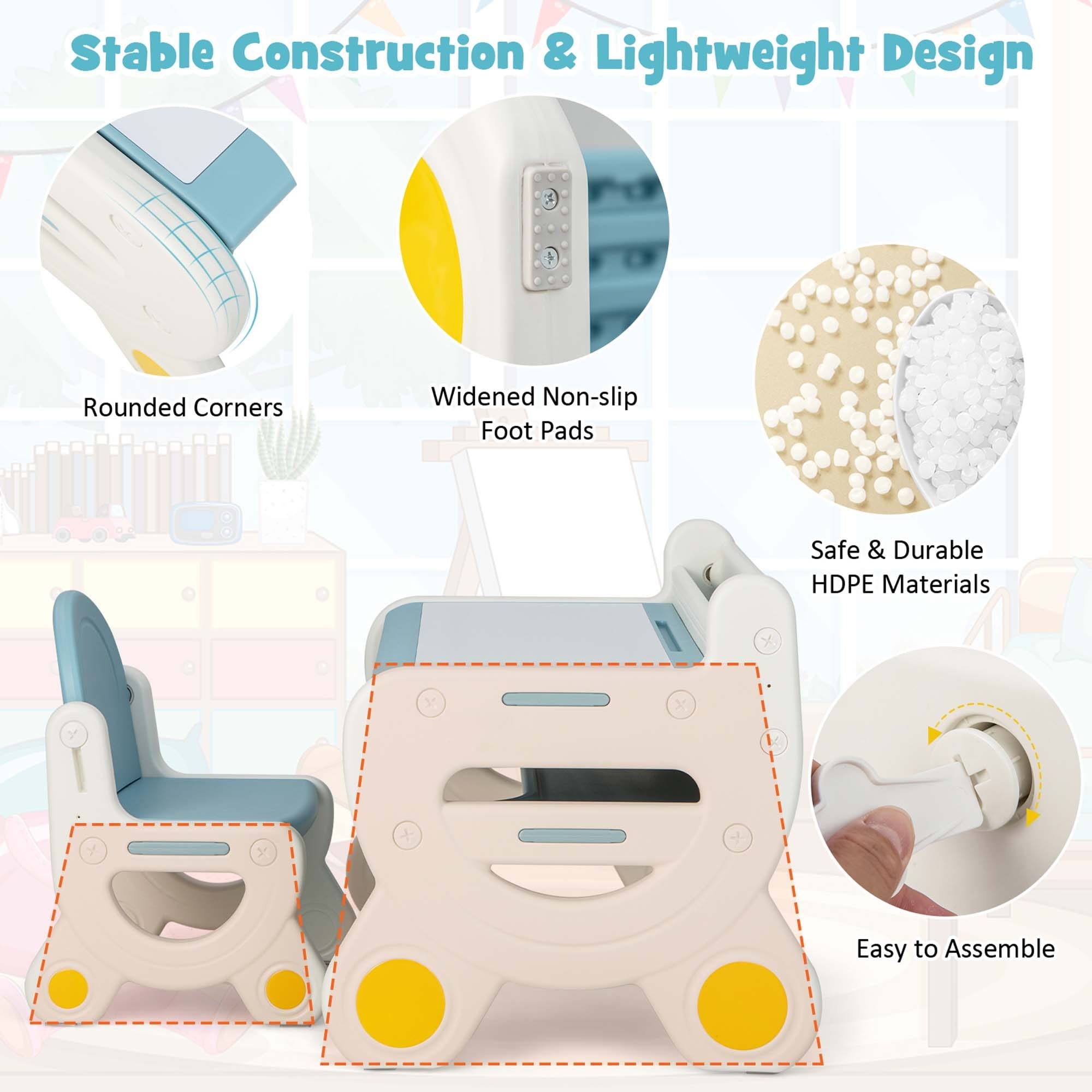 Kids Drawing Table&Chair Set w/Pens&Blackboard Eraser Blue/Brown