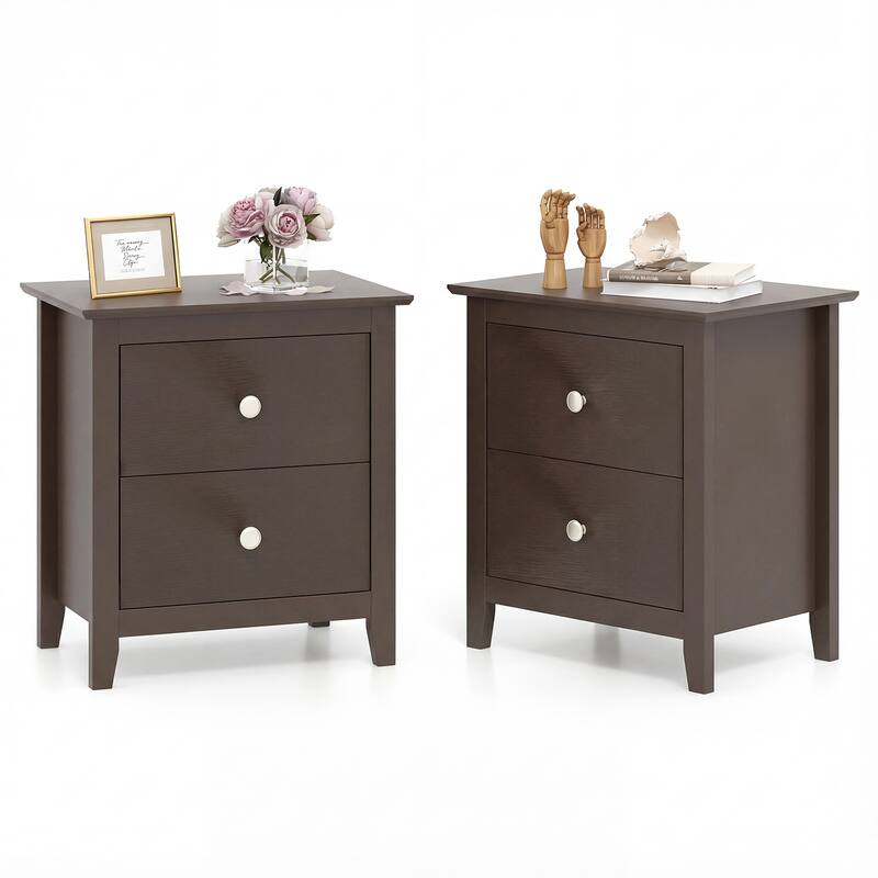 Gymax 2PCS Modern Nightstand w/ Storage 2 Drawers & Support Legs for - Brown - 2-drawer