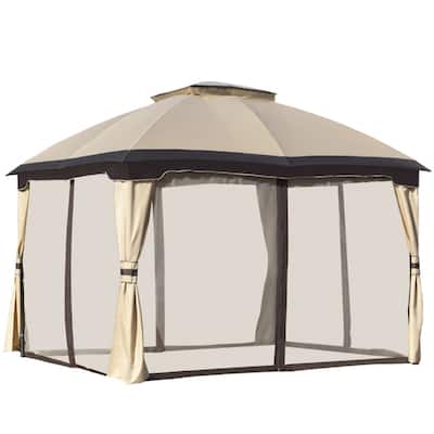 Beige-Black-Dark Coffee Steel Polyester Outdoor Gazebo with Netting and Hook - 12' L x 9.8' W x 9.8' H