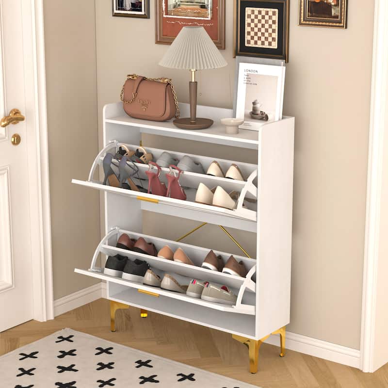 Shoe Cabinet with 2 Flip Drawers& Open Shelves,Modern Entryway Shoe Storage