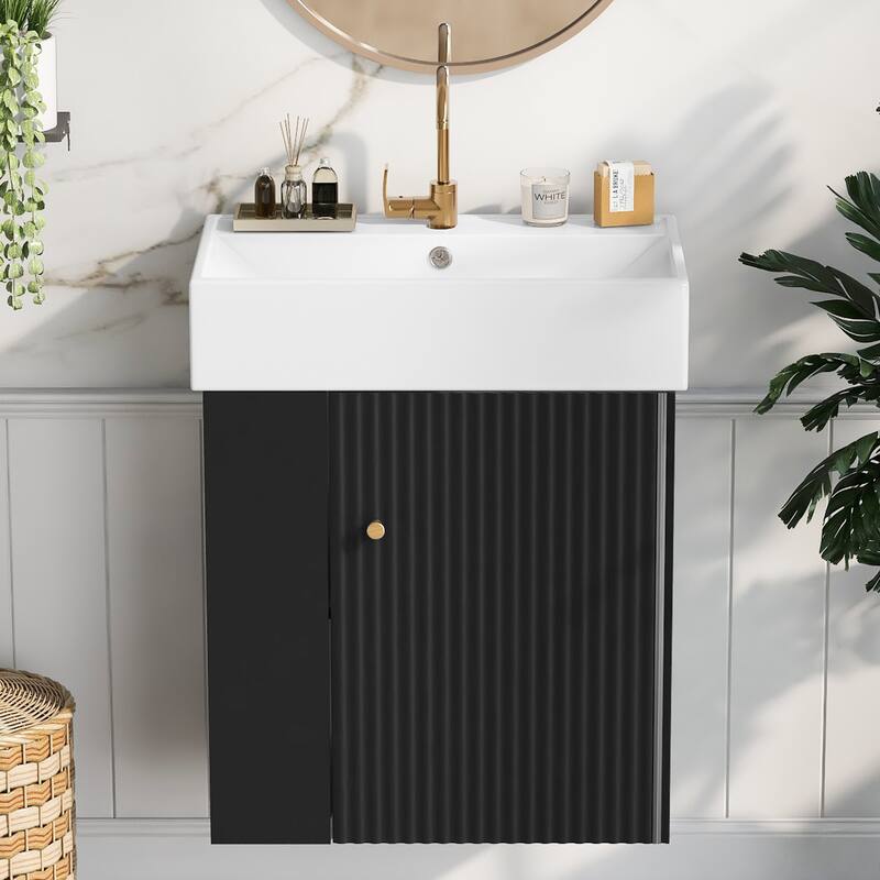 GDFStudio - Aria Modern Bathroom Vanity Combo Cabinet with Single Ceramic Sink - 21.6" +Floating+Left side storage - Black
