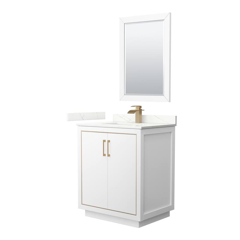 Wyndham Collection WCF111130S-QTZ-UNSM24 Icon 30" Free Standing Single - White / Giotto Quartz Top / Satin Bronze Hardware