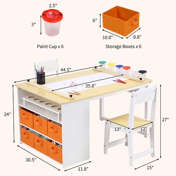 dimension image slide 1 of 2, Kids Art Table and 2 Chairs with Storage Bins,Toddler Activity Table