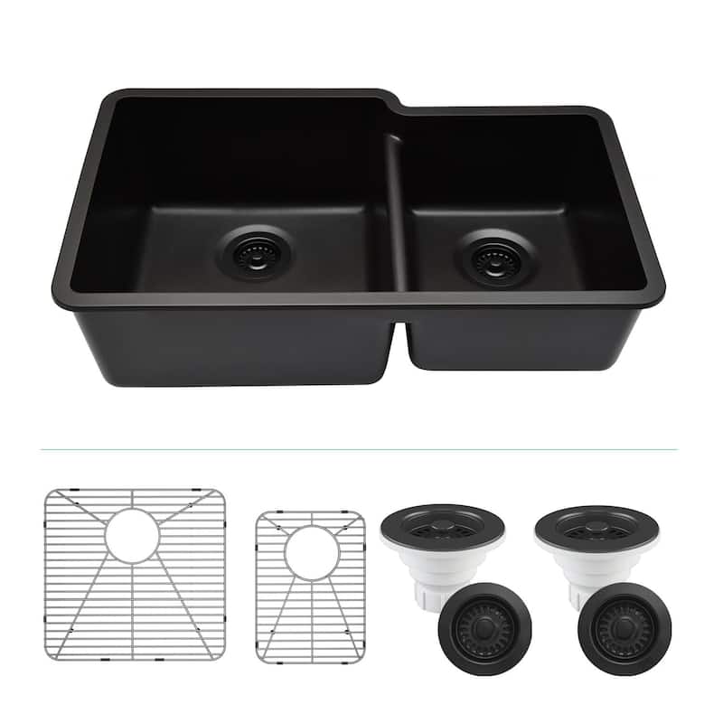 32"x19" Quartz Granite Kitchen Sink, 60/40 Double Bowl Drop-in/Undermount - 19x32 - Galaxy Black