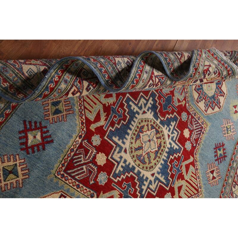 Blue Geometric Kazak Area Rug Handmade Oriental Wool Carpet - 6'0" x 9'8"