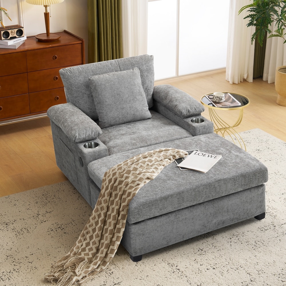 Modern 58" Oversized Chaise Lounger Armchair with Ottoman, Chenille Sleeper Sofa Couch with Charge Station & USB Ports