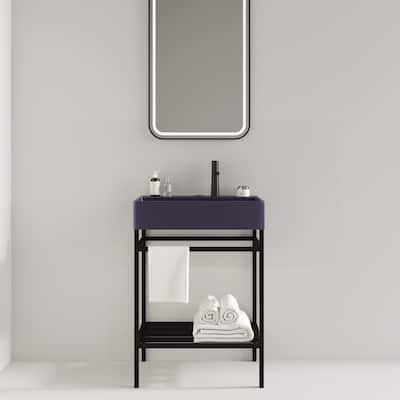 24" Bathroom Vanity with Basin,Freestanding Console Sink Set,Rectangular Ceramic Basin without Faucet,Metal Leg,Storage Shelves